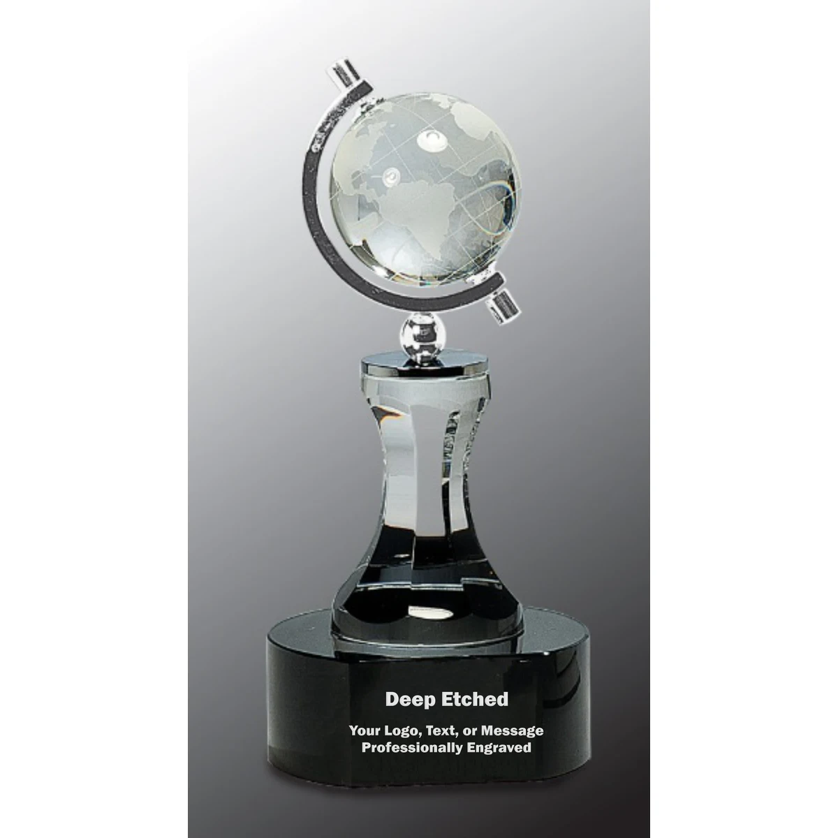 8 1/2" Crystal Spinning Globe with Clear Tower on Black Base Crystal Award 1