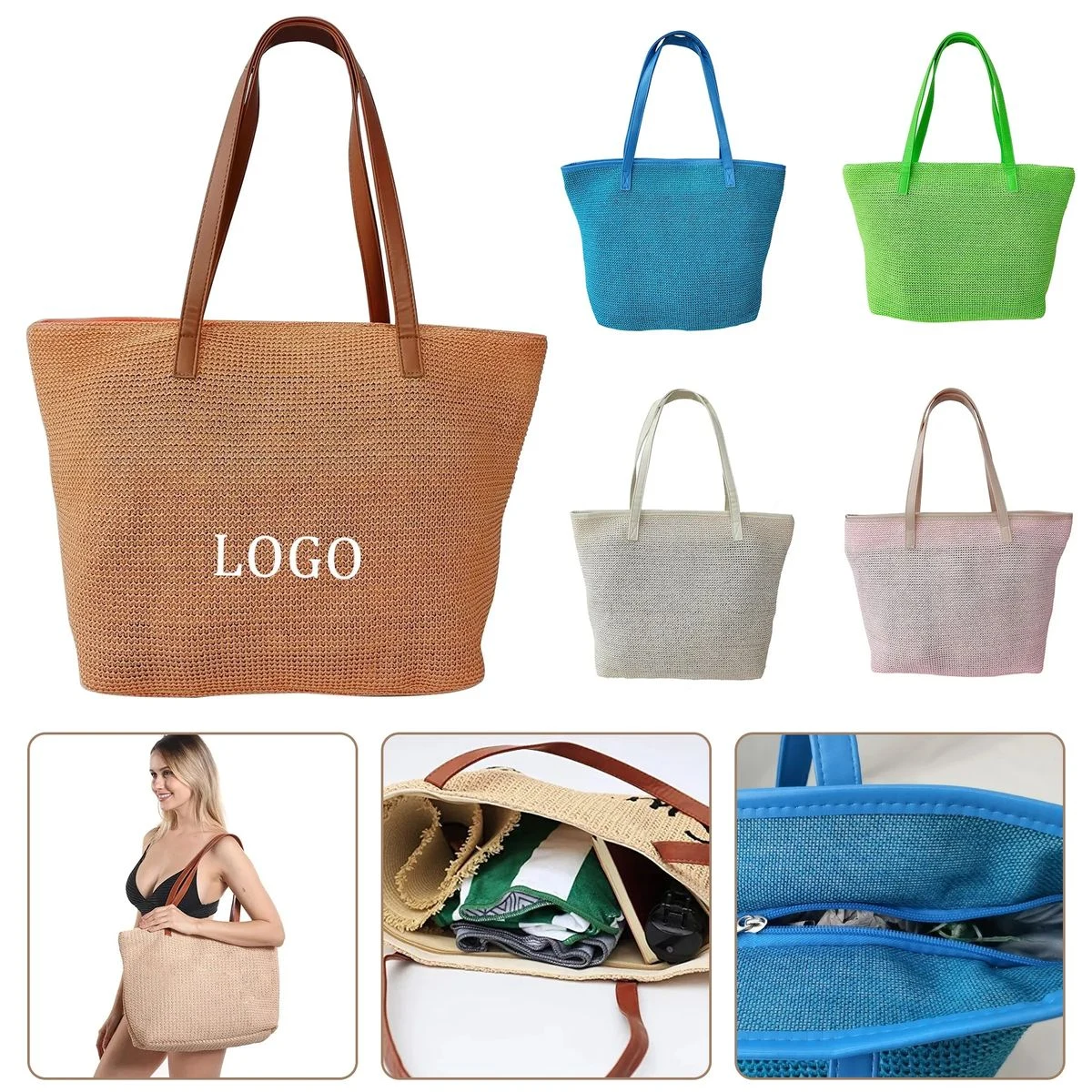 Large Women Straw Beach Bag, custom tote bag with logo imprint 1