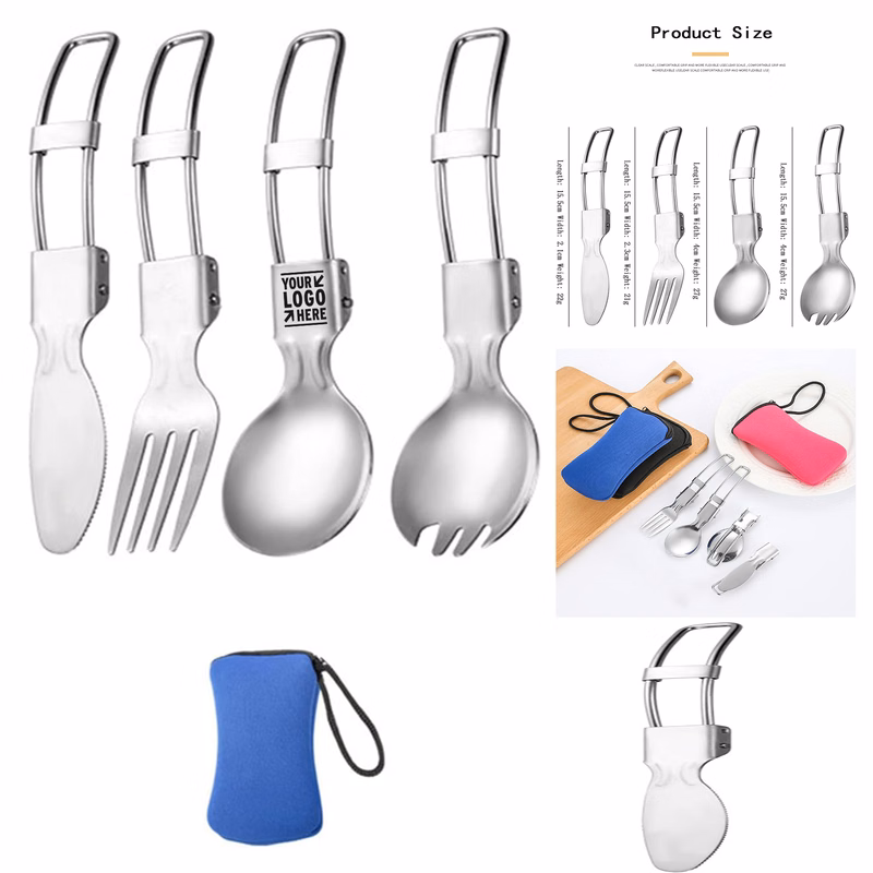 4Pcs Stainless Steel Portable Knife Fork Spoon Outdoor Camping Foldable Cutlery Set With Pouch