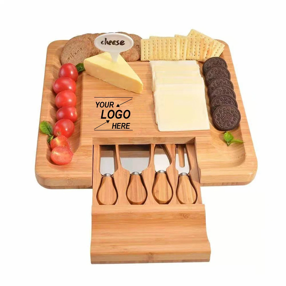 Bamboo Cheese Board and Knife Set with Hidden Drawer 1