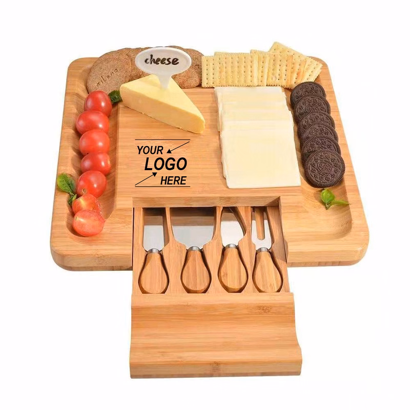 Bamboo Cheese Board and Knife Set with Hidden Drawer