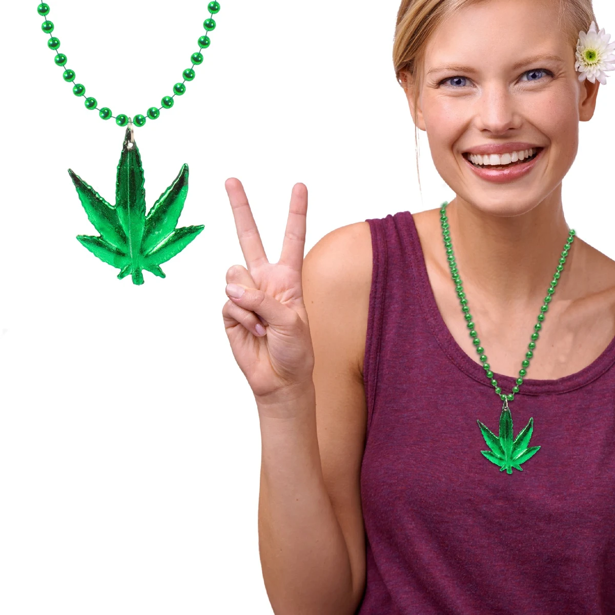 33" 7MM Green Bead with Leaf Metallic Necklace 1