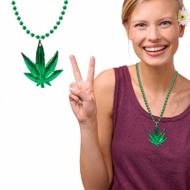 33" 7MM Green Bead with Leaf Metallic Necklace