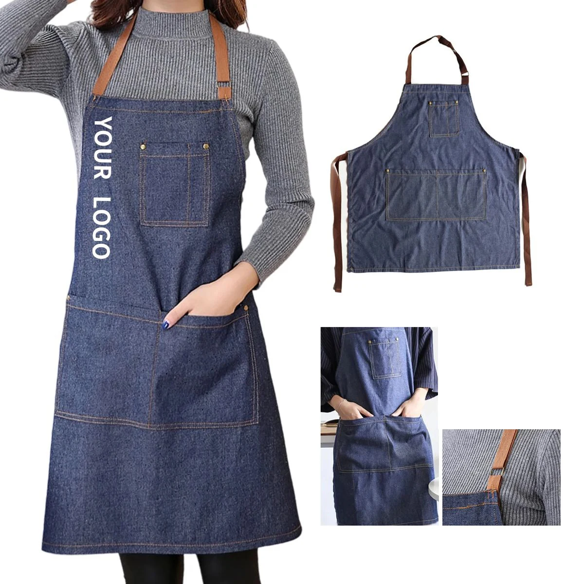 Denim Kitchen Apron with Storage Compartments 1