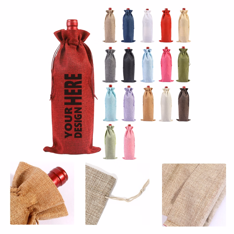 MOQ50 Burlap Wine Bottle Bag with Drawstring Closure