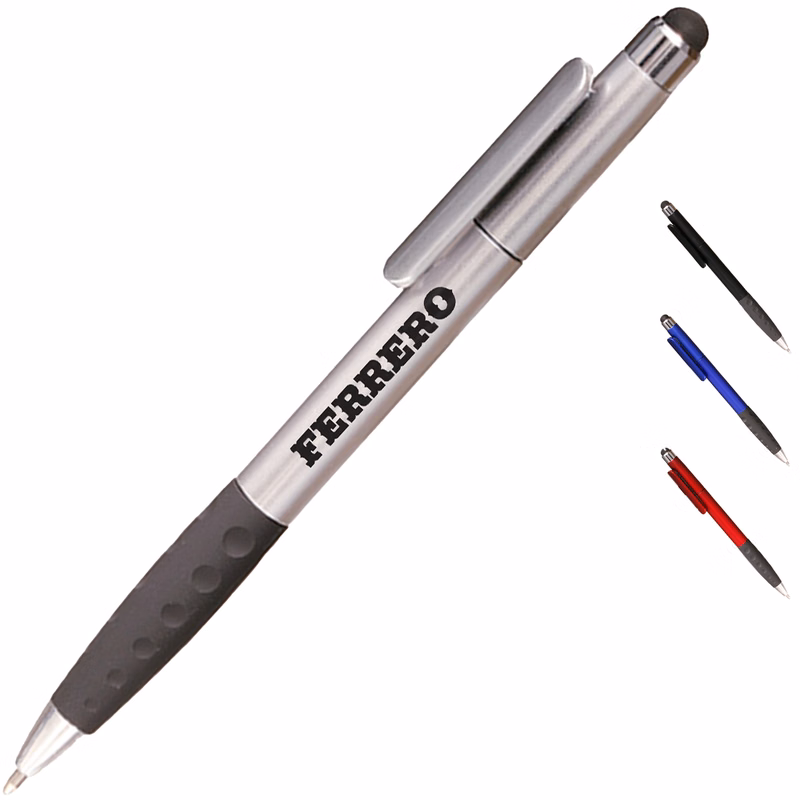 Twist Plastic Pens w/ Rubber Grip & Stylus Top Ballpoint Pen