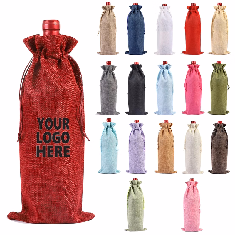Christmas Linen Wine Drawstring Bag Champagne Gift Storage B
