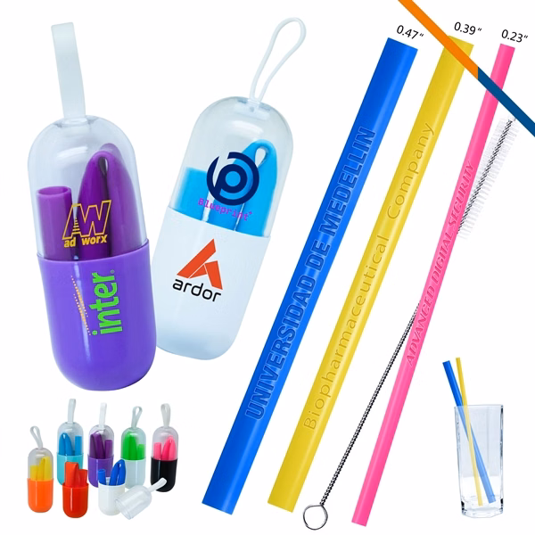 Custom Silicone Straws with Portable Capsule Container — Eco Promotional Drinkware