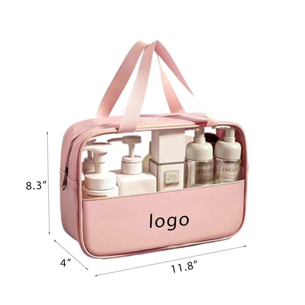 A waterproof hand-held cosmetic bag made of PU and transparent PVC 1