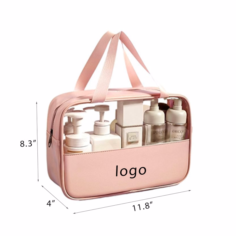 A waterproof hand-held cosmetic bag made of PU and transparent PVC