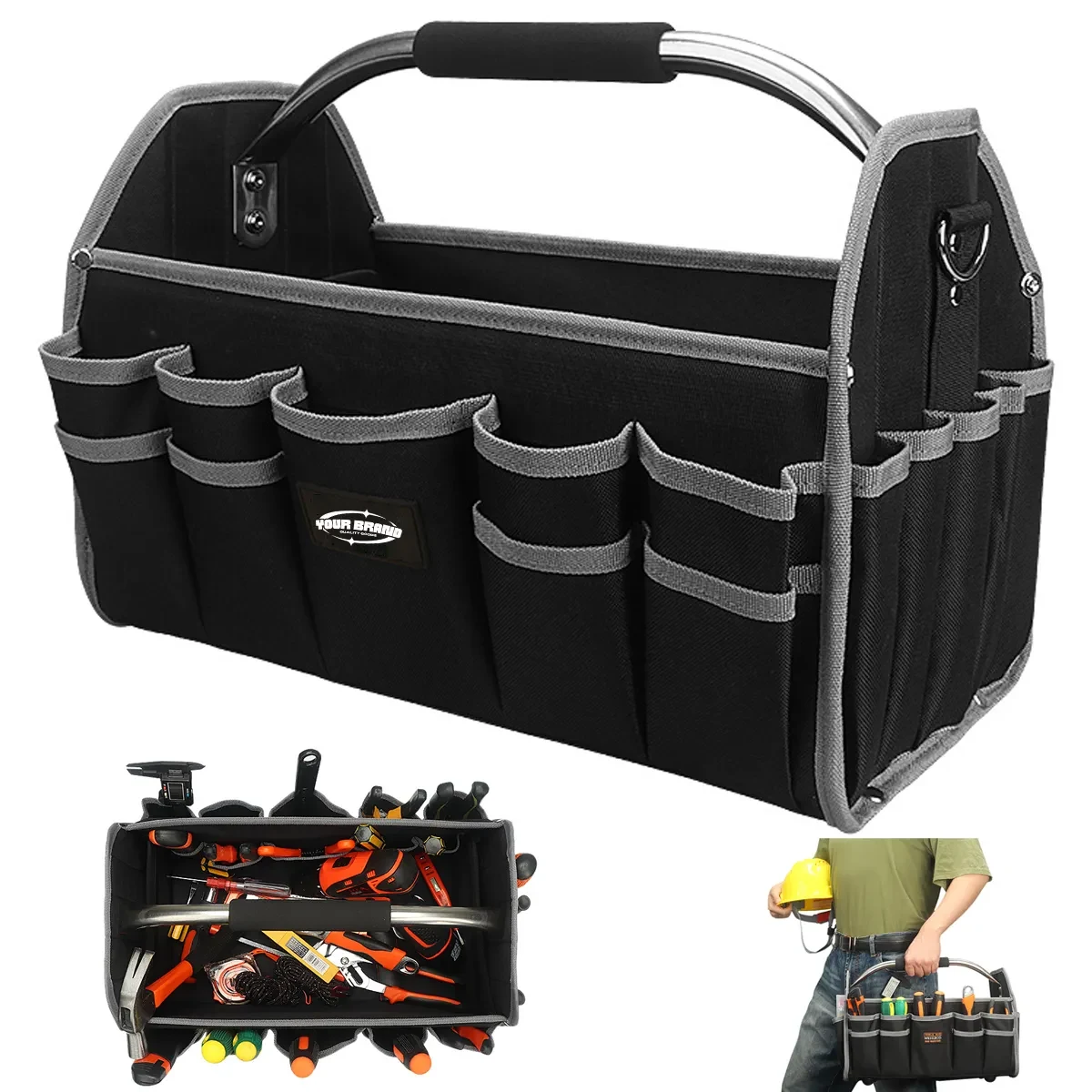 Open Top Tool Tote Bag Organizer with Handle Carrier, custom tote bag with logo imprint 1