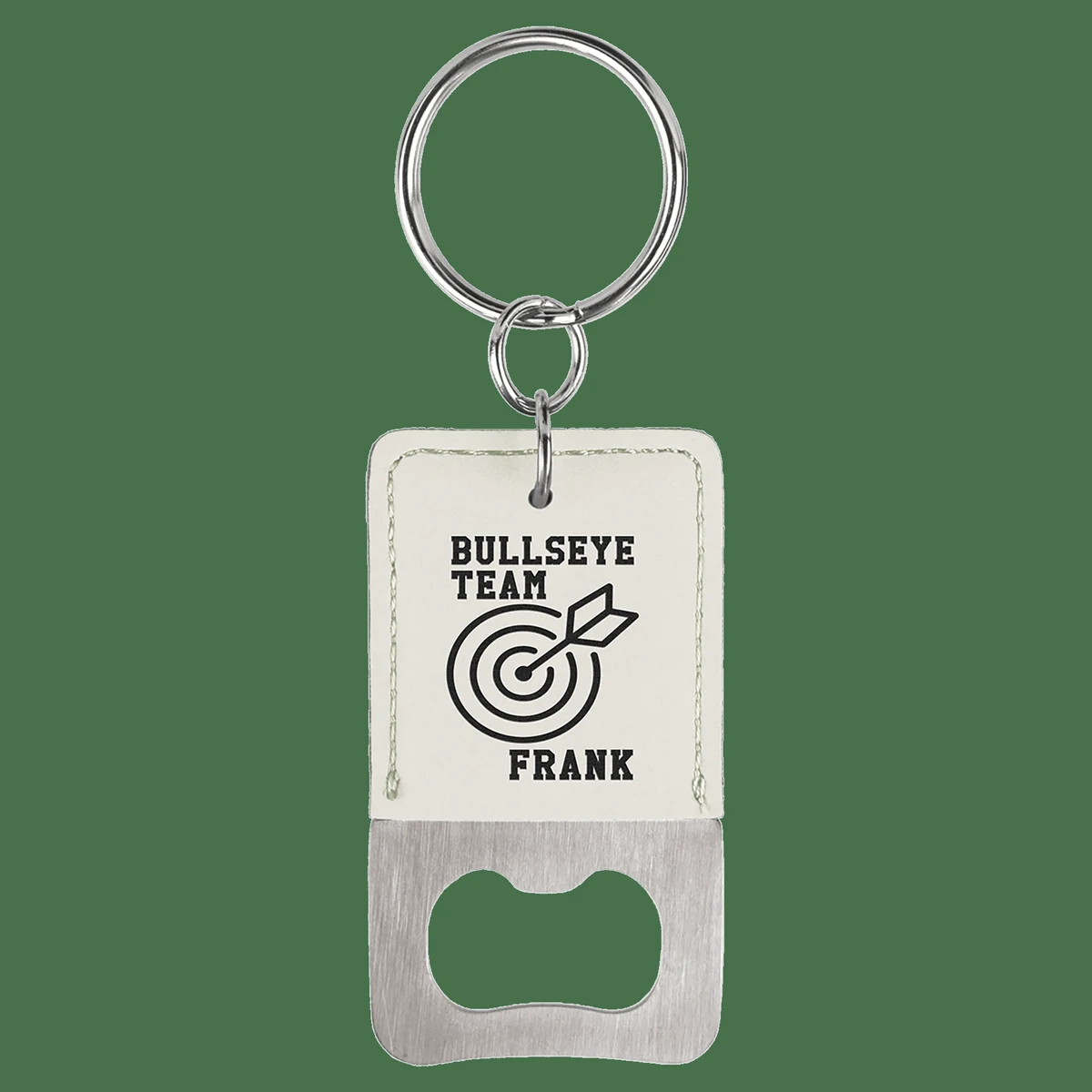 Rectangle White Leatherette Bottle Opener Keychain 1