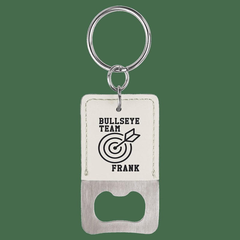 Rectangle White Leatherette Bottle Opener Keychain