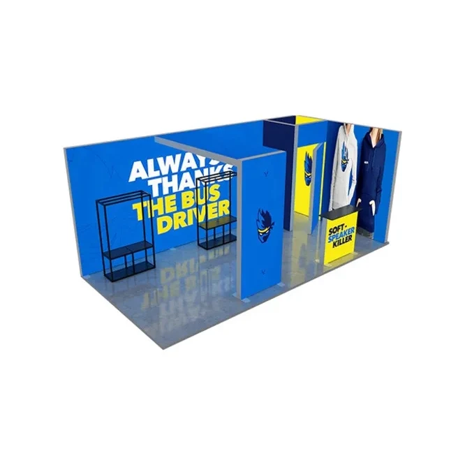 20ft Backlit Trade Show Display – LED Lightbox Backwall with Counters & Graphics 1