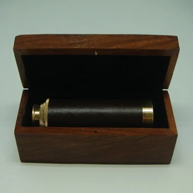 14.5" Brown leather brass telecope, w/t Wooden Case 1