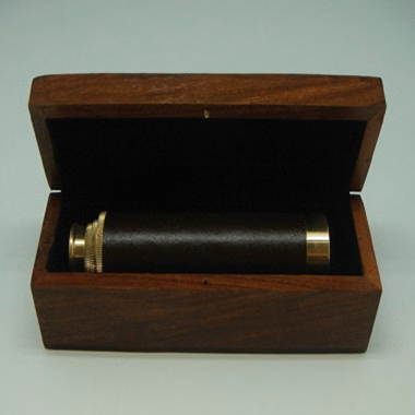 14.5" Brown leather brass telecope, w/t Wooden Case