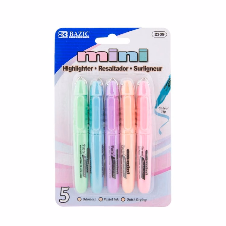 Mini Pastel Highlighters - 5 Pack Assorted