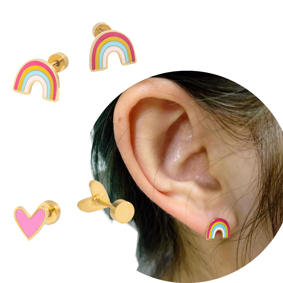 Heart Rainbow Flower Enamel Oil Drop Stud Earrings MOQ10 1
