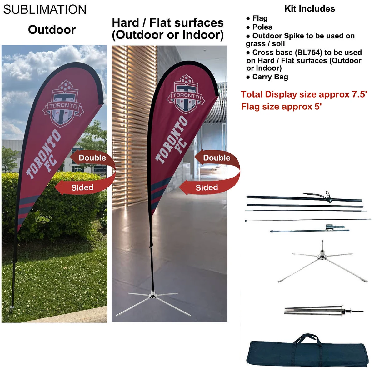 7.5' X-Small Tear Drop Flag Kit, Full Color Graphics 2 Sided, Outdoor Spike base, Indoor Cross Base 1