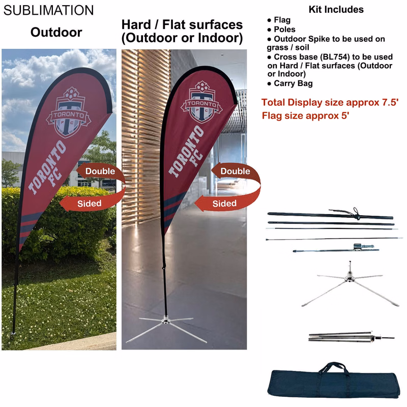 7.5' X-Small Tear Drop Flag Kit, Full Color Graphics 2 Sided, Outdoor Spike base, Indoor Cross Base