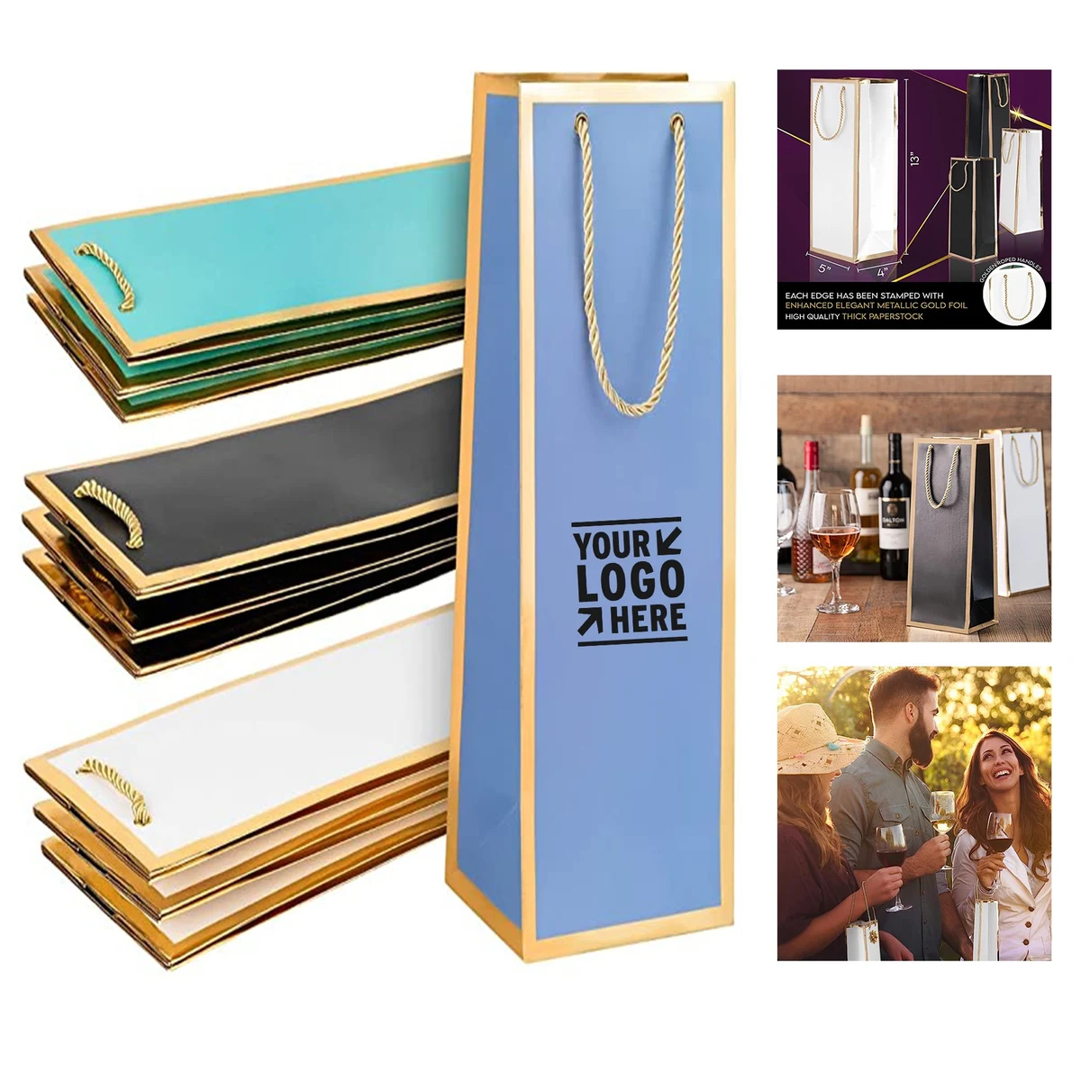 5 x 14 x 3 in Gold Foil Wine Bag with Rope Handle 1