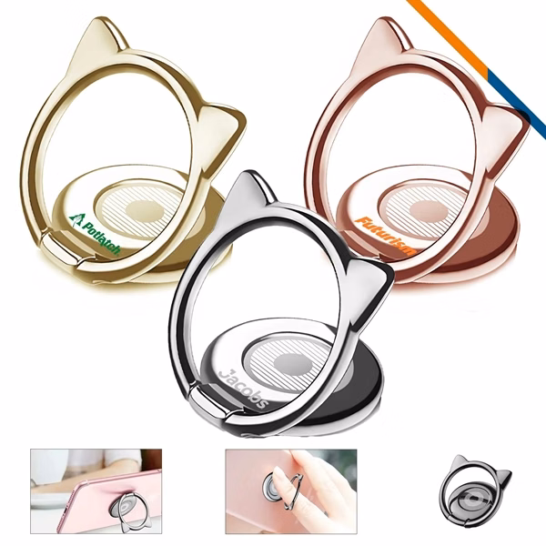 Custom Zinc Alloy Railith Kitten-Ear Phone Ring Stand — Playful Corporate Giveaway