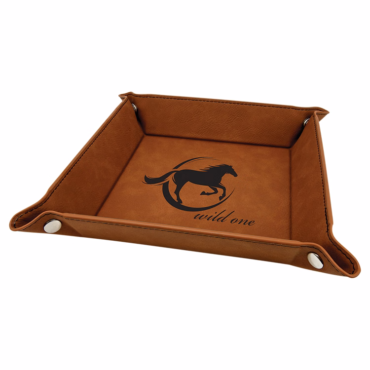 6" x 6" Rawhide Leatherette Snap Up Tray with Silver Snaps