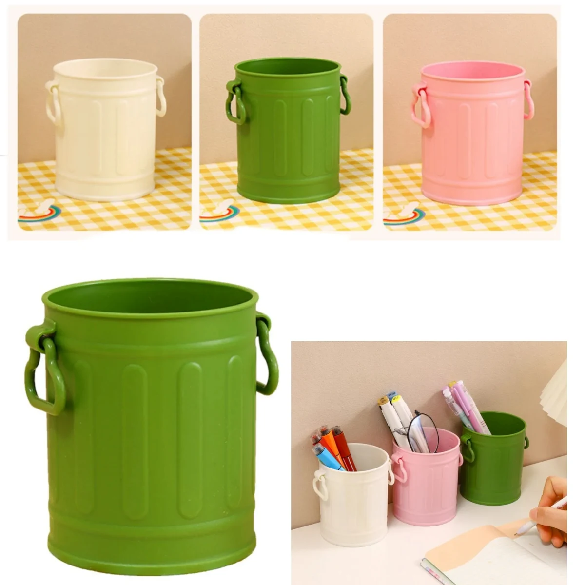 Retro Iron Bucket Shaped Hangable Pen Holder Desk Organizer 1