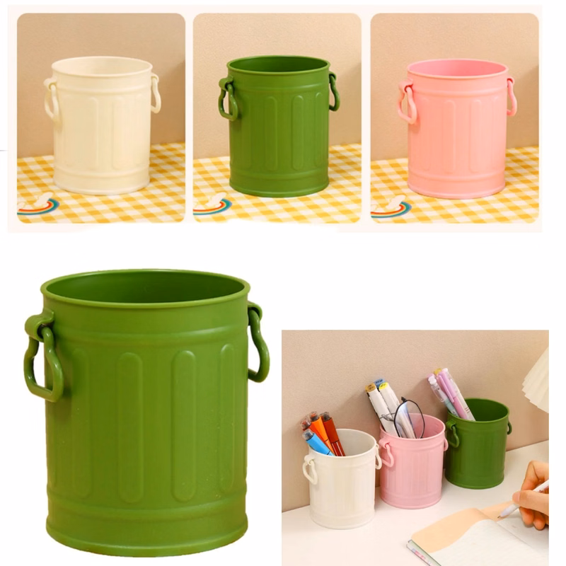Retro Iron Bucket Shaped Hangable Pen Holder Desk Organizer
