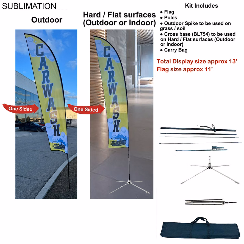 13' Medium Feather Flag Kit, Full Color Graphics One Side, Outdoor Spike base, Indoor Cross Base