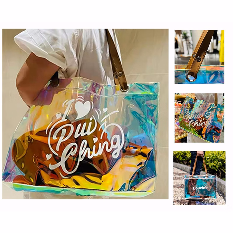 Holographic Tote With Brown Pu Handles