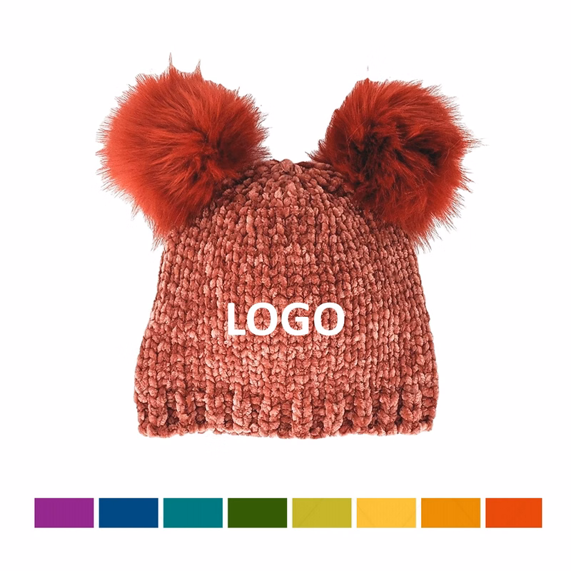 Kid Chenille Beanie with 2 Pom-poms