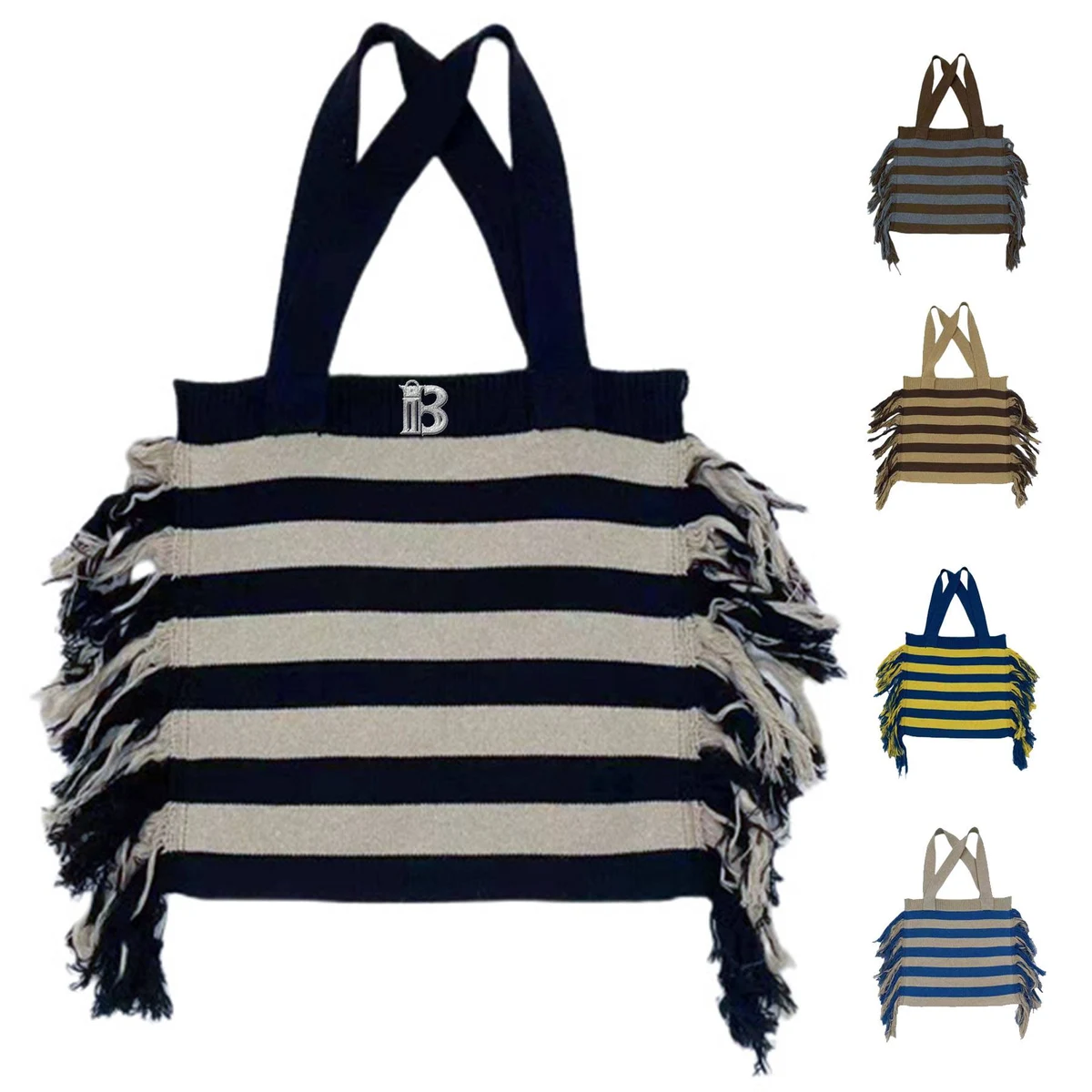 Polyester striped knitting tote bag, custom tote bag with logo imprint 1