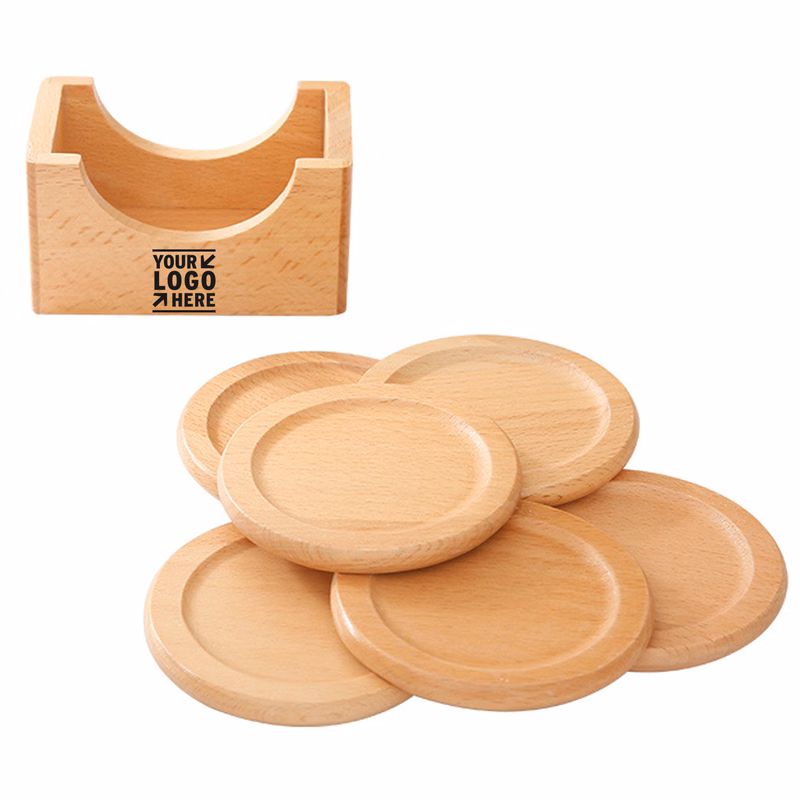 6 Piece Round Bamboo Wood Coaster Set With Holder
