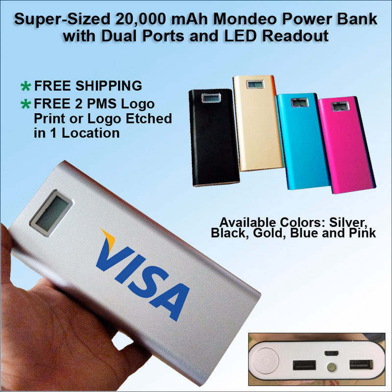 Mondeo 20000 mAh Power Bank with Dual Ports and LED Readout