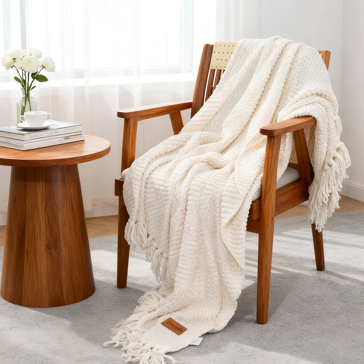 Chenille Knitted Throw Blanket With Fringe Accents 1