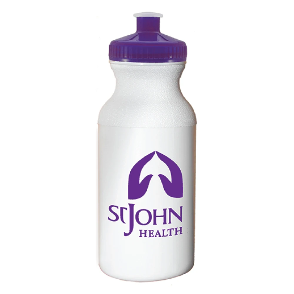 20 oz. Economy White Bike Bottle with Translucent Purple 53mm Push Pull Lid 1