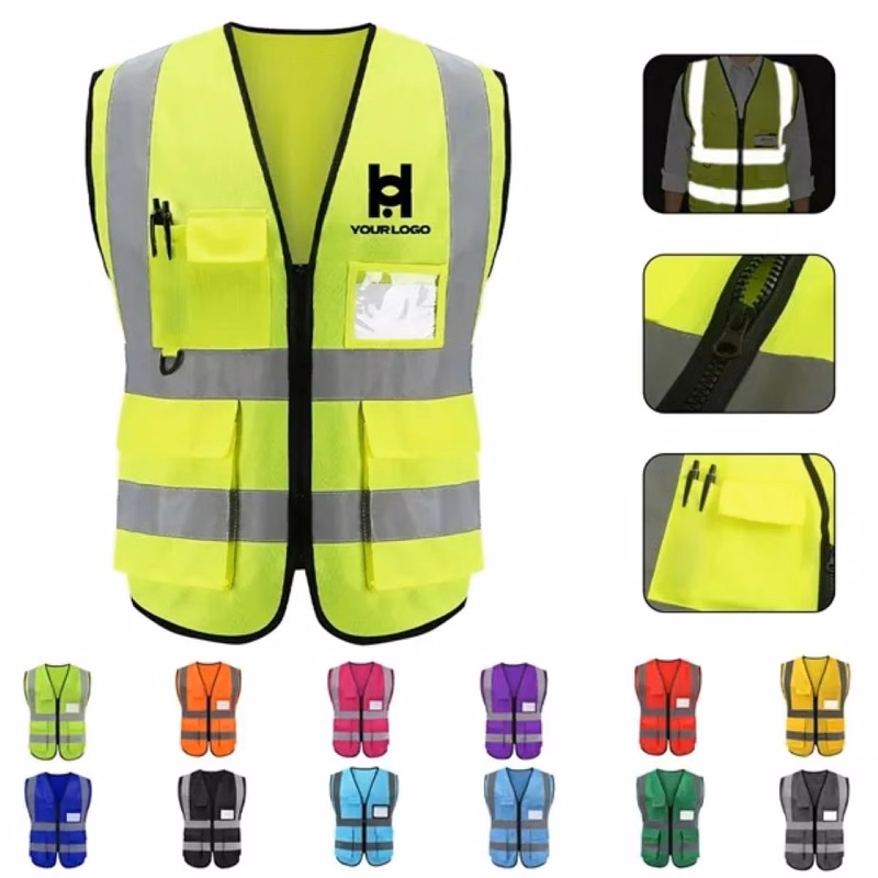 Reflective safety vest with pocket for construction riding