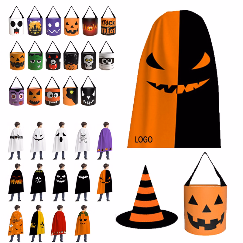 Halloween Costume Set For Kids Cloak Witch Hat Treat Bag