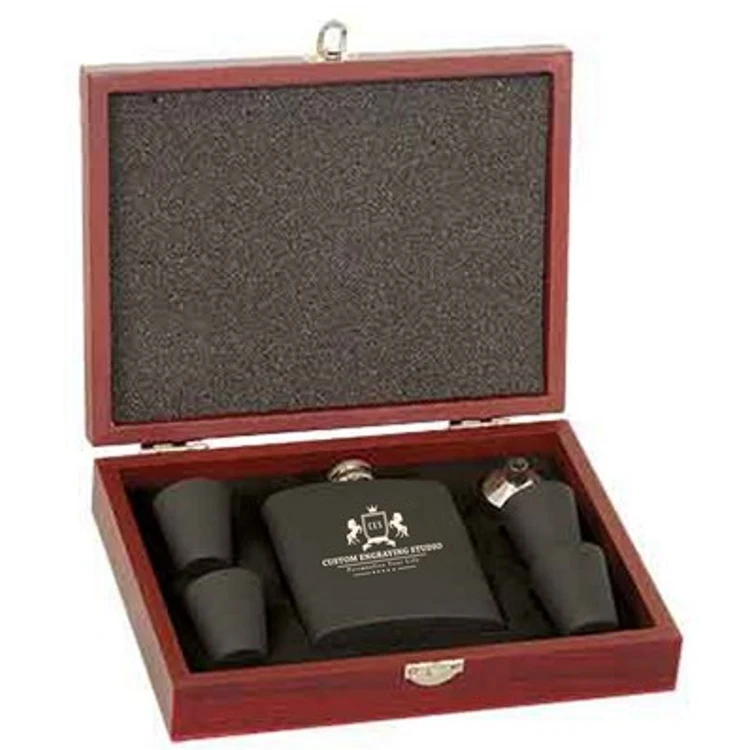 6 Oz. Matte Black Flask Set in Wood Presentation Box 1