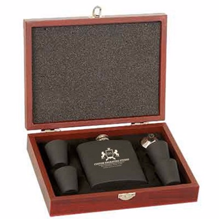 6 Oz. Matte Black Flask Set in Wood Presentation Box