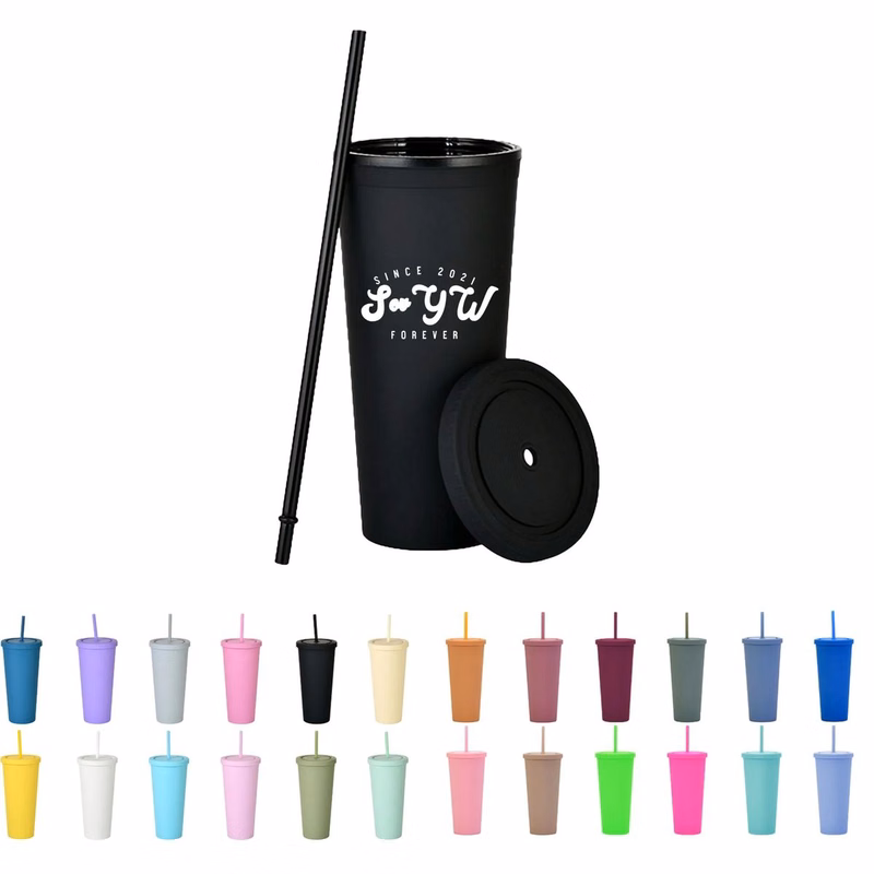 24 oz Plastic Stadium Cups with Lid & Straw
