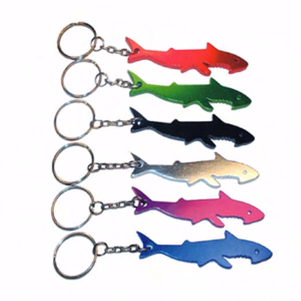 Shark shape bottle opener with key chain.