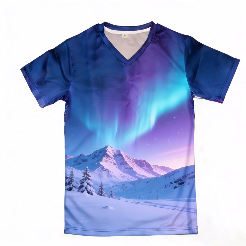 Full Color Print Mesh V Neck Short Sleeve Tee
