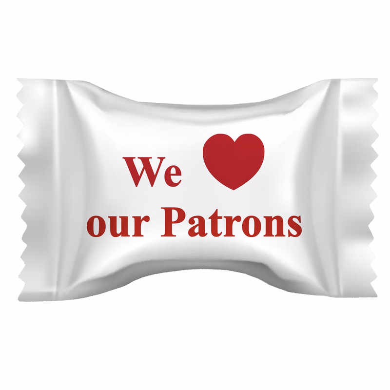 Hard Peppermint Balls in a We Love Our Patrons Wrapper