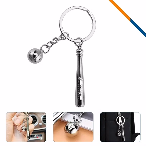 Custom Metal Baseball Keychain 2.16 Inch Bat and Ball Design — Sports Team Logo Ring