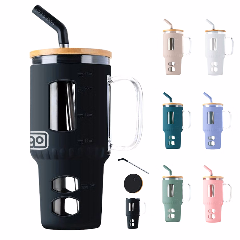 32 oz Borosilicate Glass Tumbler with Bamboo Lid and Straw