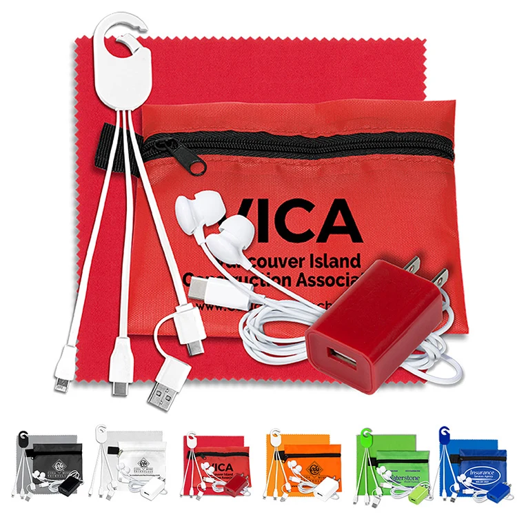 Mobile Tech Charging Kit with Earbuds, Charging Cable and Charger In Zipper Pouch 1