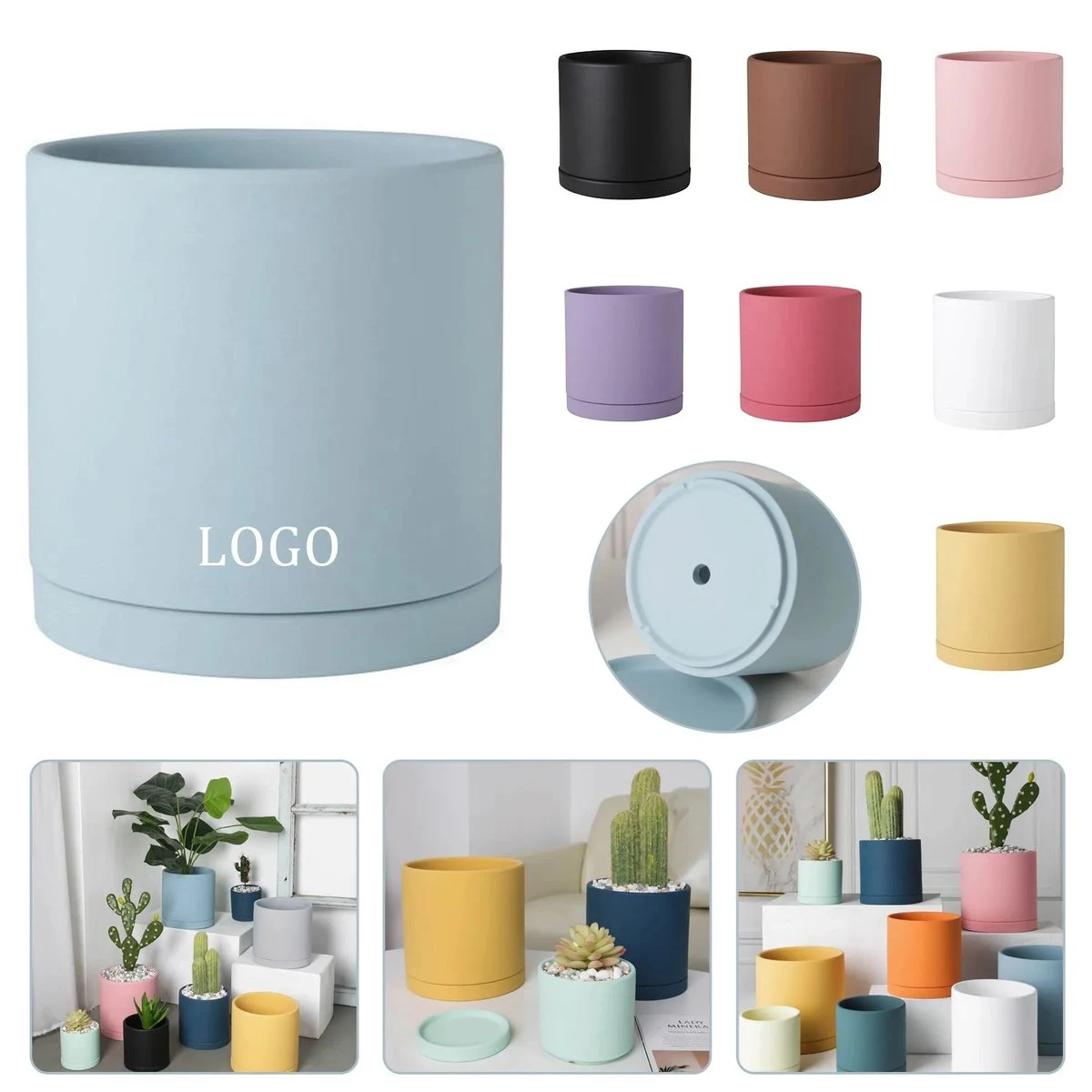 6.7"L x 6.7"D Ceramic flowerpot with tray multiple drainage 1