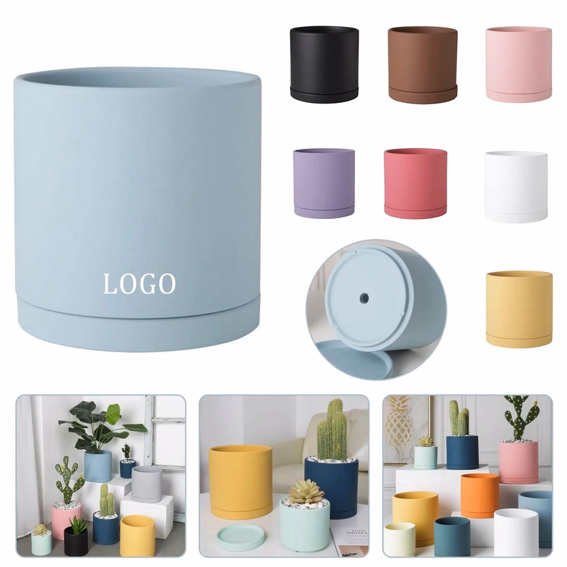 6.7"L x 6.7"D Ceramic flowerpot with tray multiple drainage